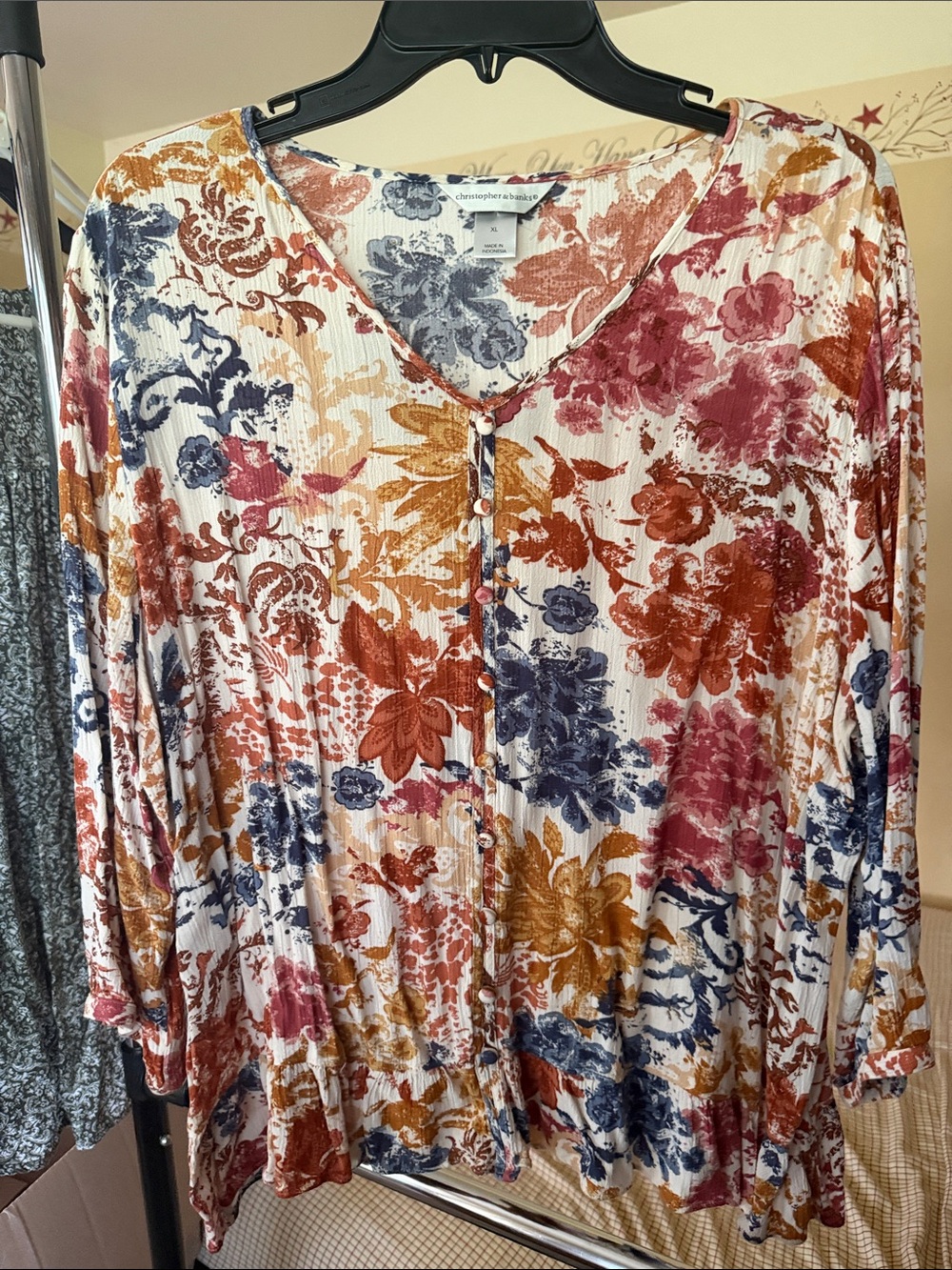 Christopher & Banks Floral Faux Button-Front V-Neck Blouse in Rust, Navy & Cream